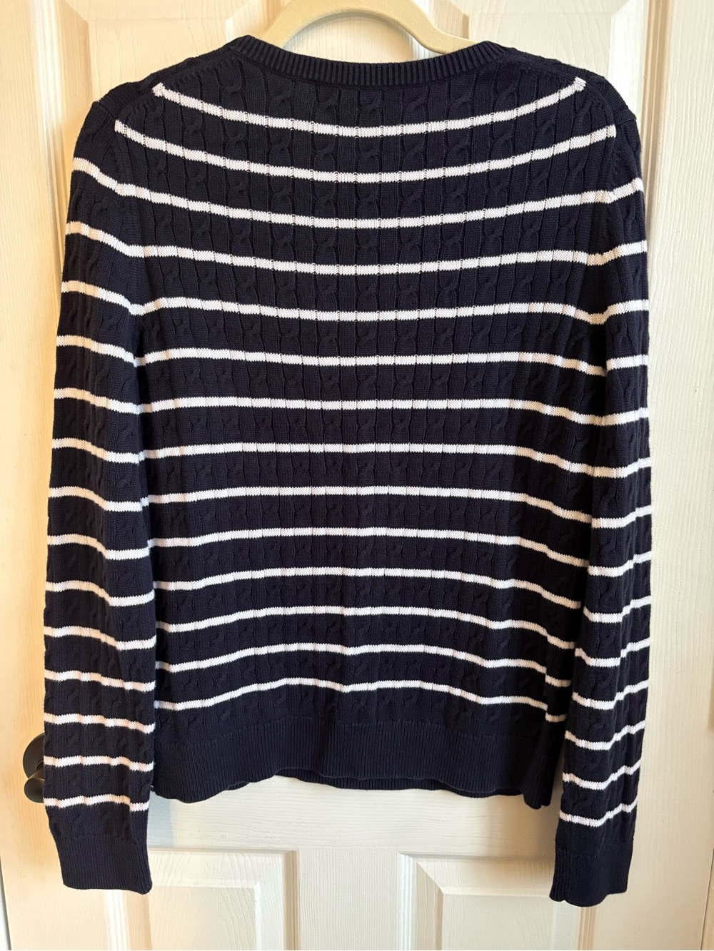 Brooks Brothers Navy and White Striped Cotton Cable Crewneck Sweater, Size Large - Picture 3 of 4